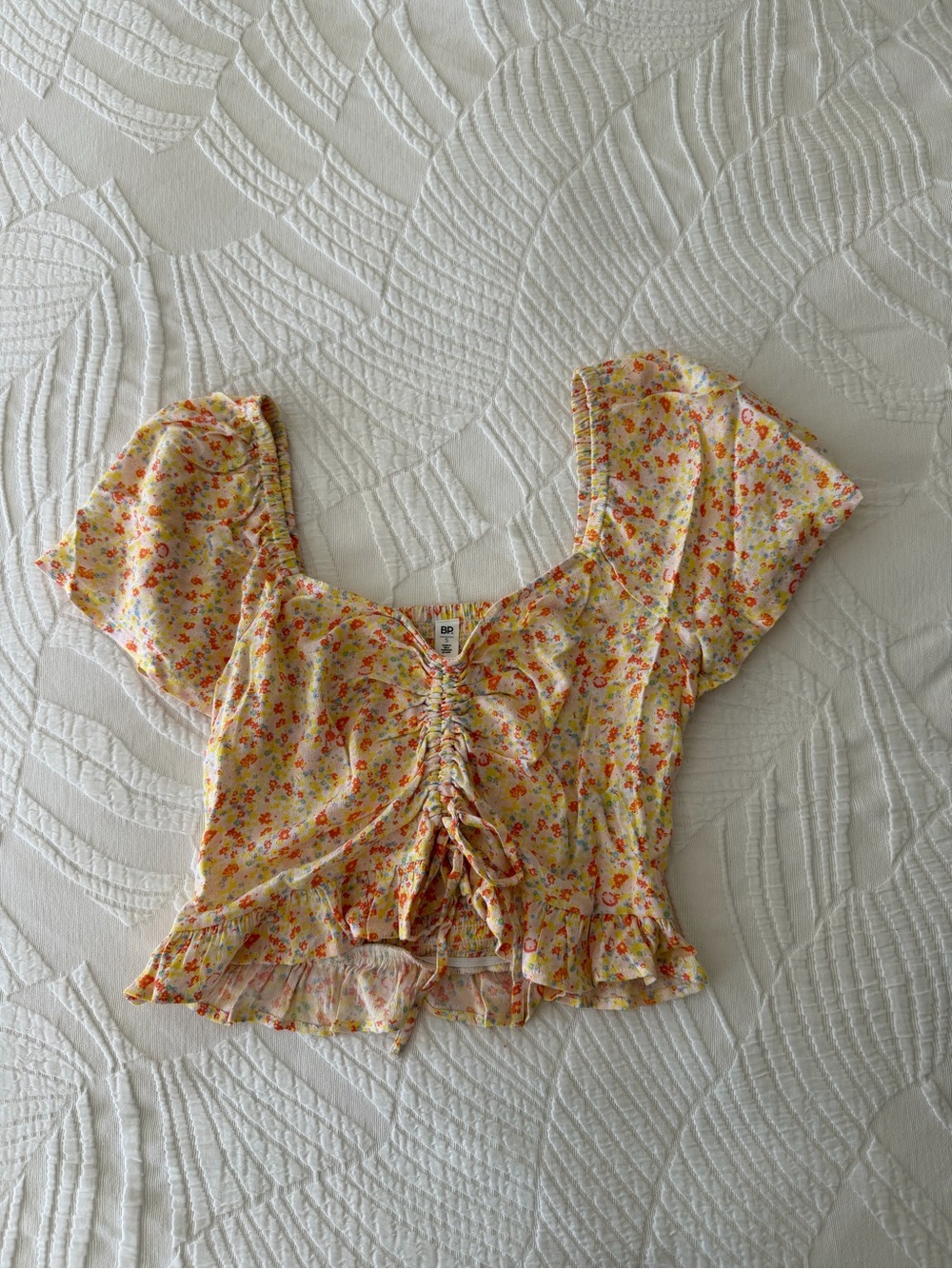 bp Yellow Floral Ruched Peplum Crop Top with Tie Front